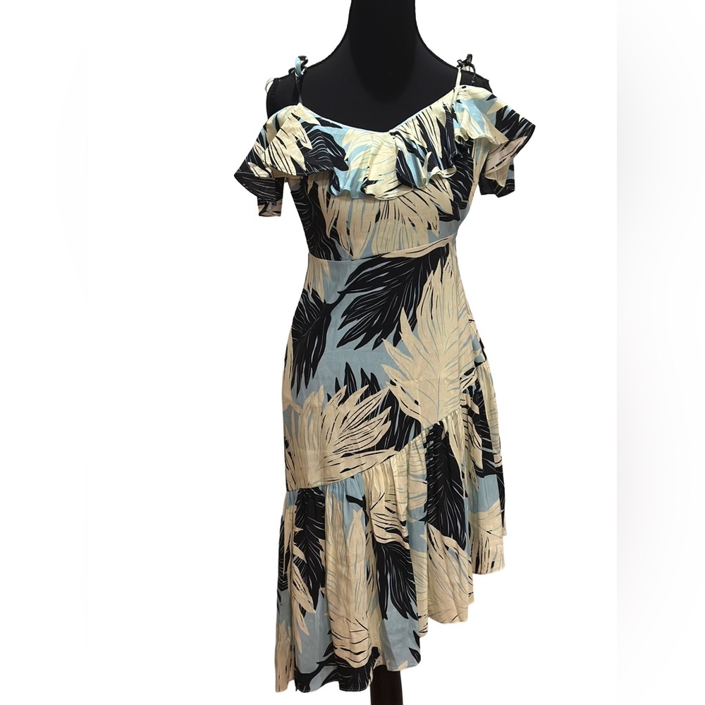 INTERMIX Blue and Cream Leaf Print Mini Dress